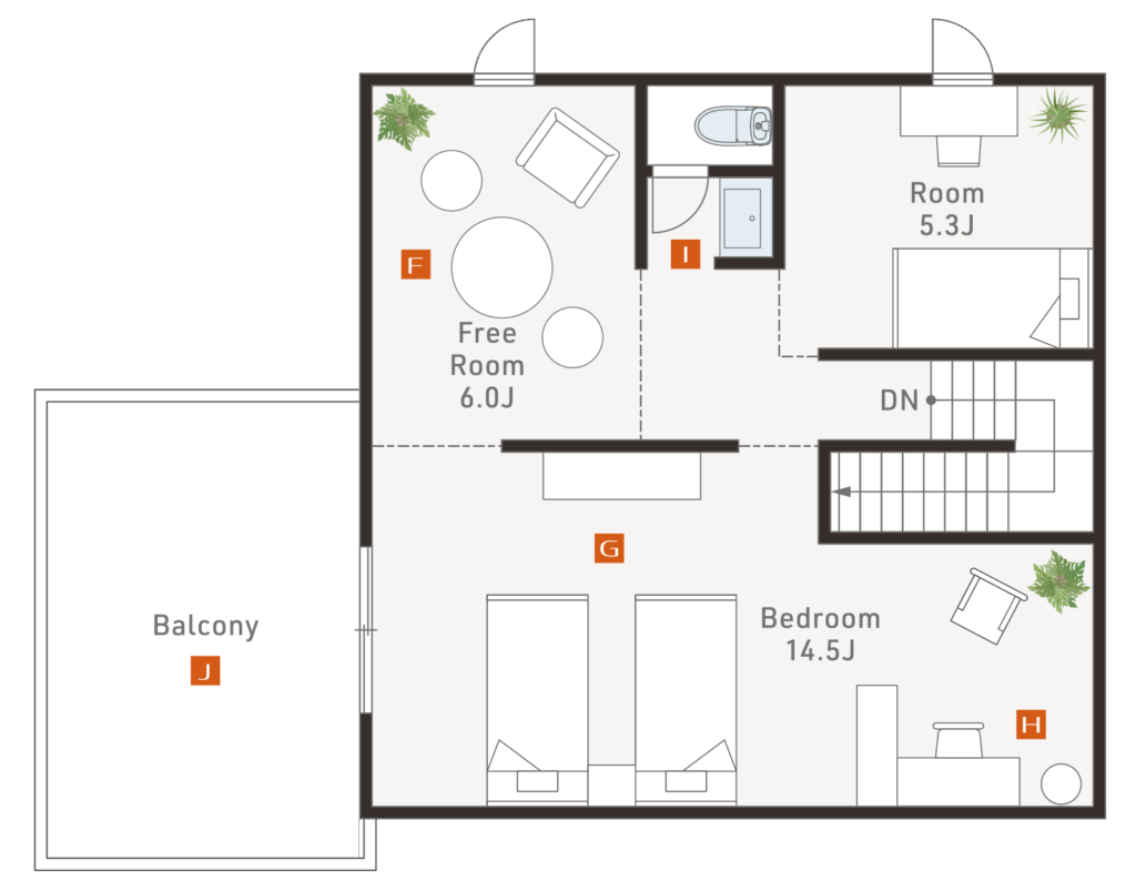 alt="アイフルホームの高性能モデル『すごい家(Great House)』の40坪プラン間取り図。1階は21帖のLDK、4.5帖の和室、ファミリークローゼット、ランドリールーム付き。2階には14.5帖の主寝室、6帖のフリールーム、5.3帖の洋室、広いバルコニーなどが配置された二階建て住宅のプラン。"