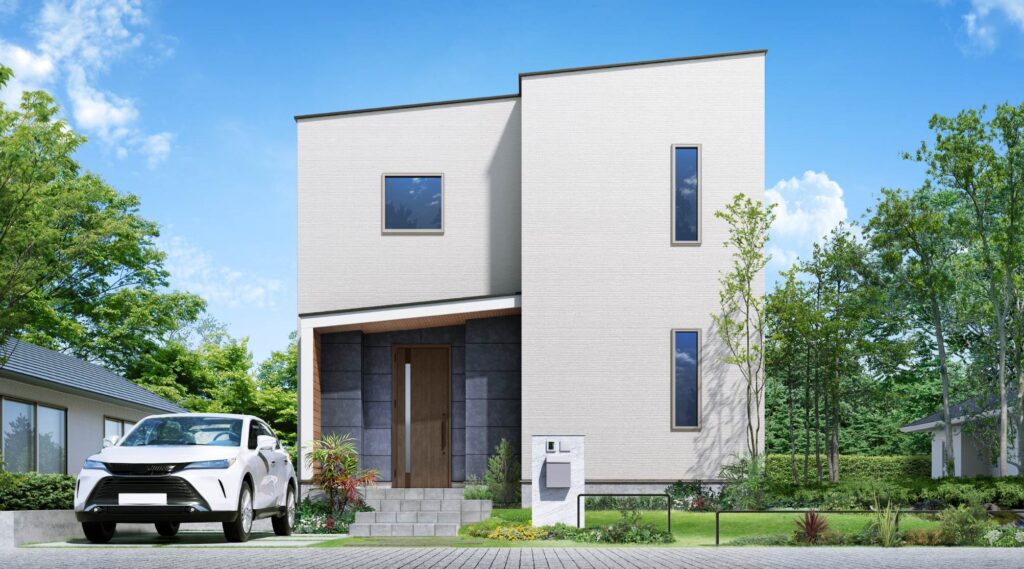 alt="アイフルホーム Lodina(ロディナ)セミオーダー型住宅の外観。シンプルでモダンな二階建ての家と、手前に駐車された車、緑に囲まれた庭のある住宅のイメージ写真。"